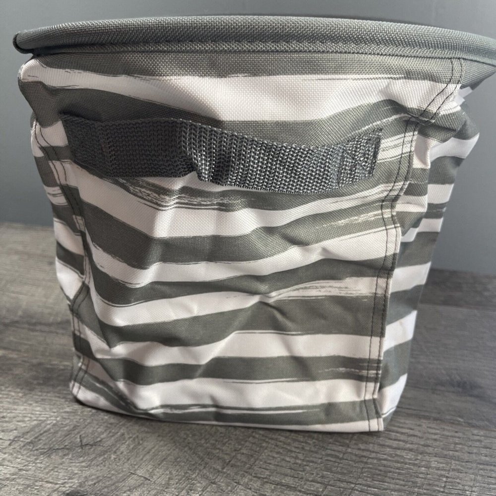 Thirty One Mini Storage Bin Tote Gray White Brush Strokes Collapsible Round NEW - Picture 5 of 8